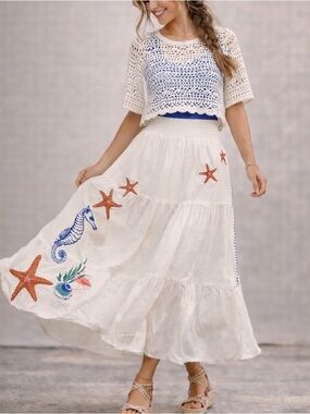 Avanti White Tiered Maxi Skirt with Nautical Embroidery